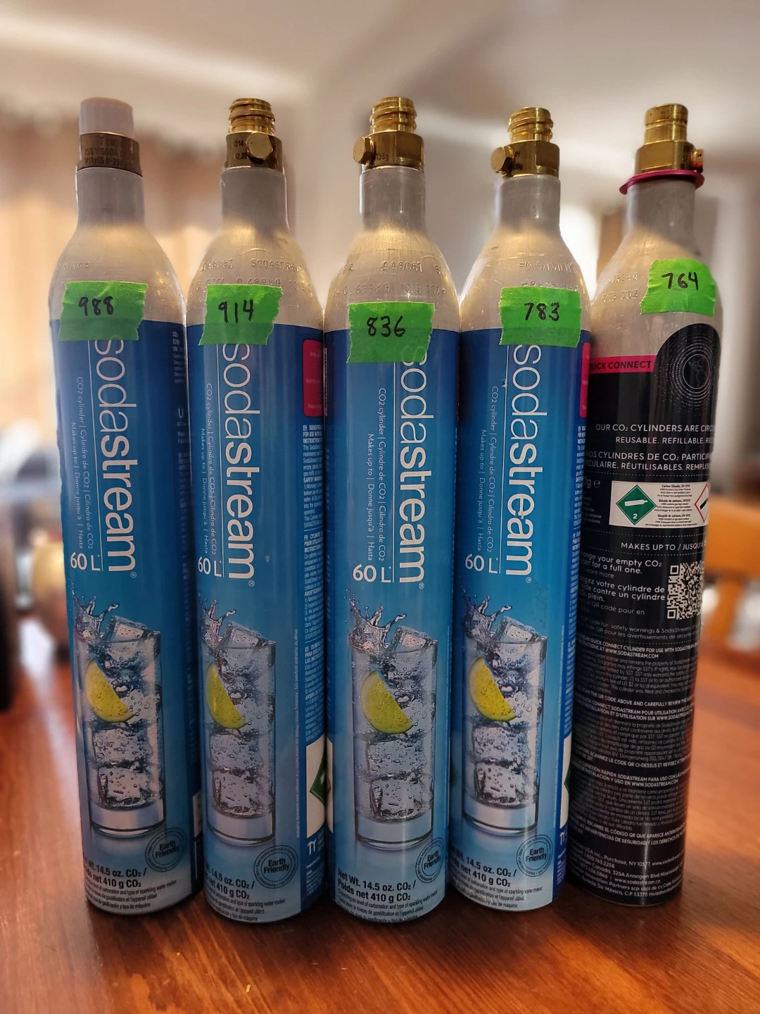 5 BLUE SodaStream CO2 cartridges partial
