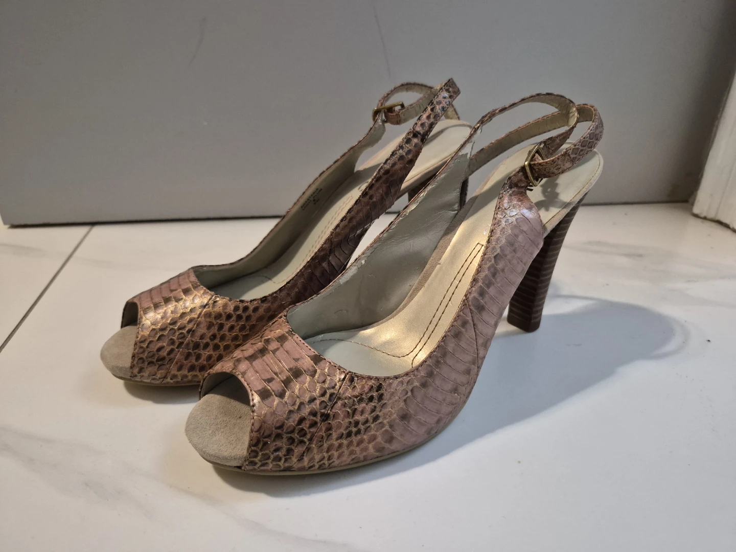 DKNYC Anastasia Snake Embossed Truffle Leather Heels - photo 3