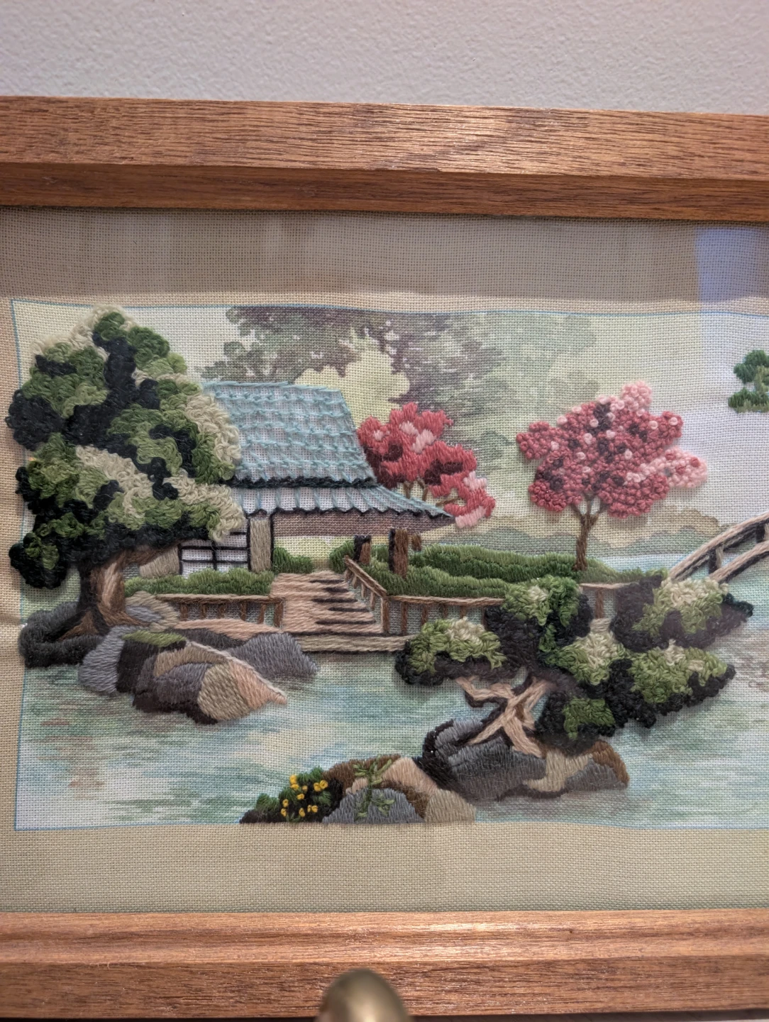 Vintage Oriental Tea Garden crewel framed textile art - photo 2