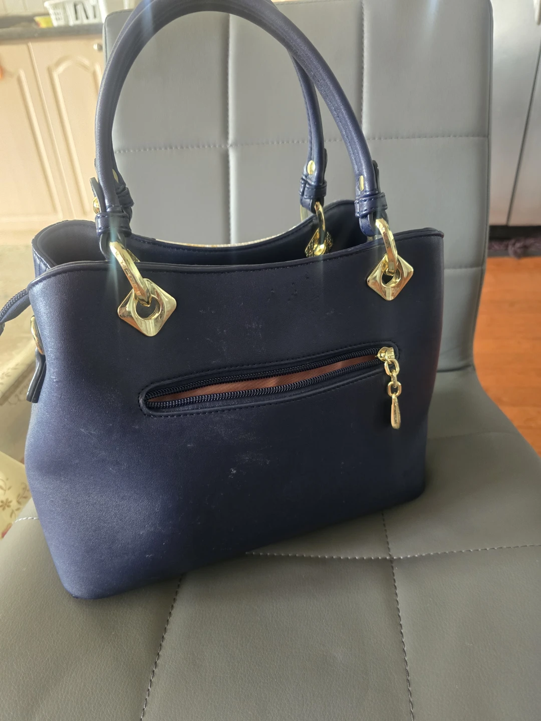 Navy Blue Colour Block Handbag with Gold Accents - photo 3