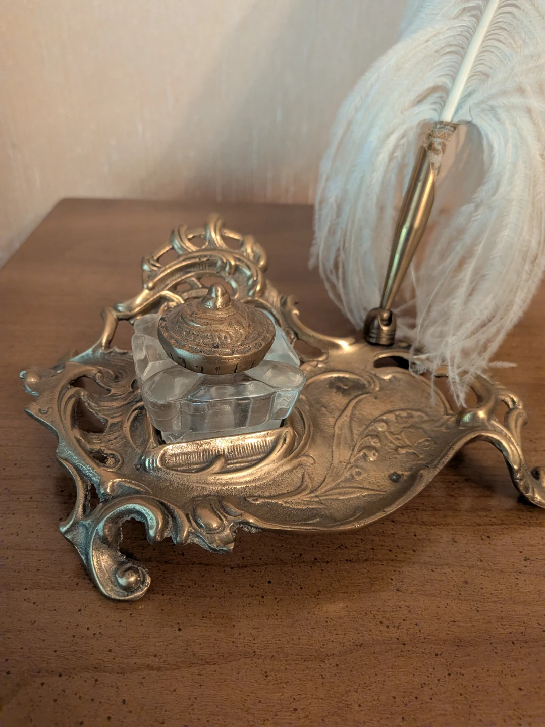 Vintage Brass Inkwell Stand with Quill Pen