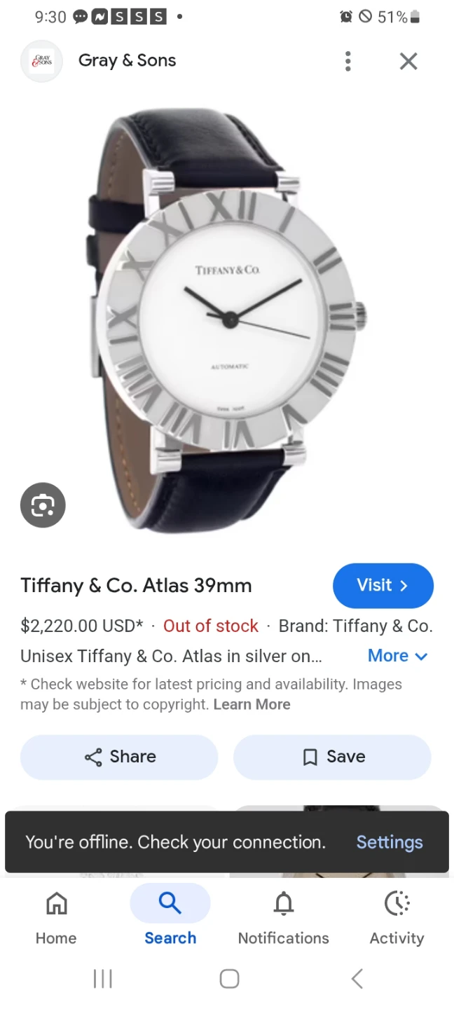 Tiffany & Co. Pure 925 Silver Atlas 39mm Automatic Watch