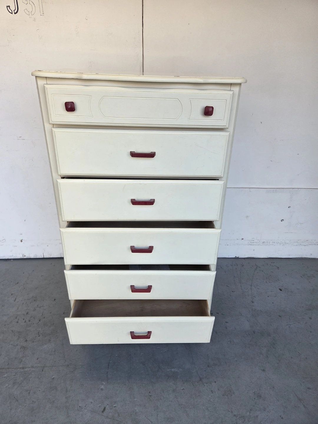 Cream Coloured Tall Dresser with Red Handles - photo 3