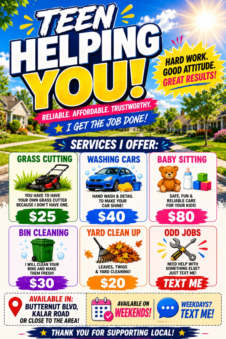 !Teen Helping You! Services Offered. !TEXT FOR INFO!