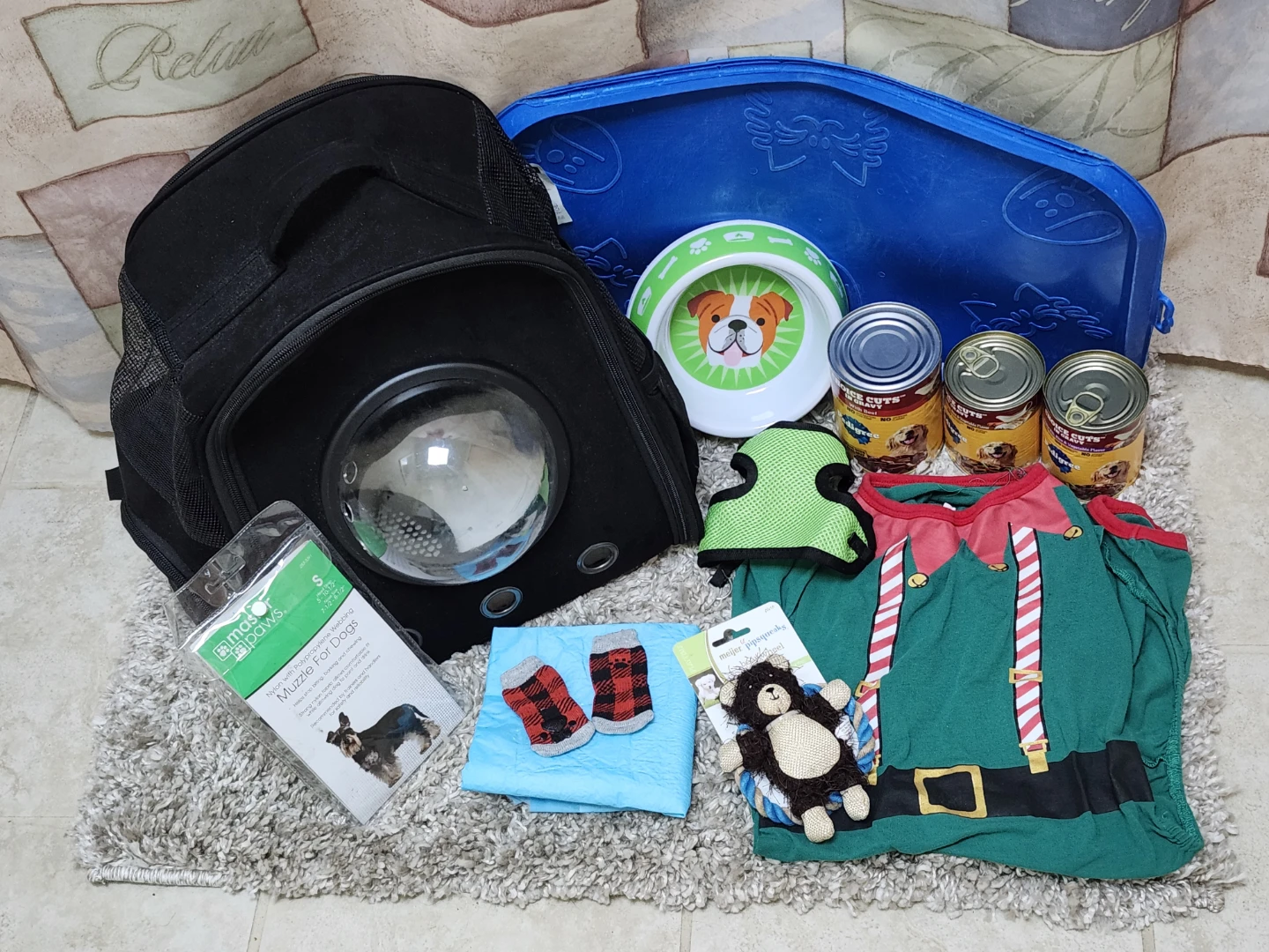 Doggy Essentials Bundle: Carrier, Food, Muzzle, Outfit & More