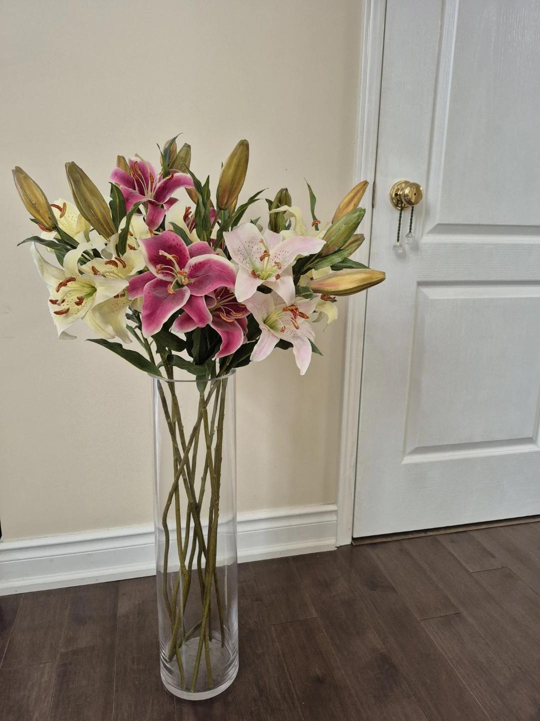 Artificial Lily Arrangement in Glass Vase