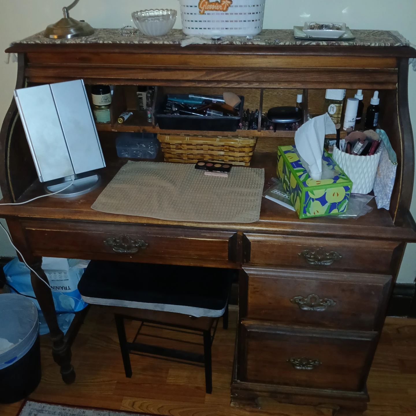 Vintage Roll-Top Desk with Vanity Mirror