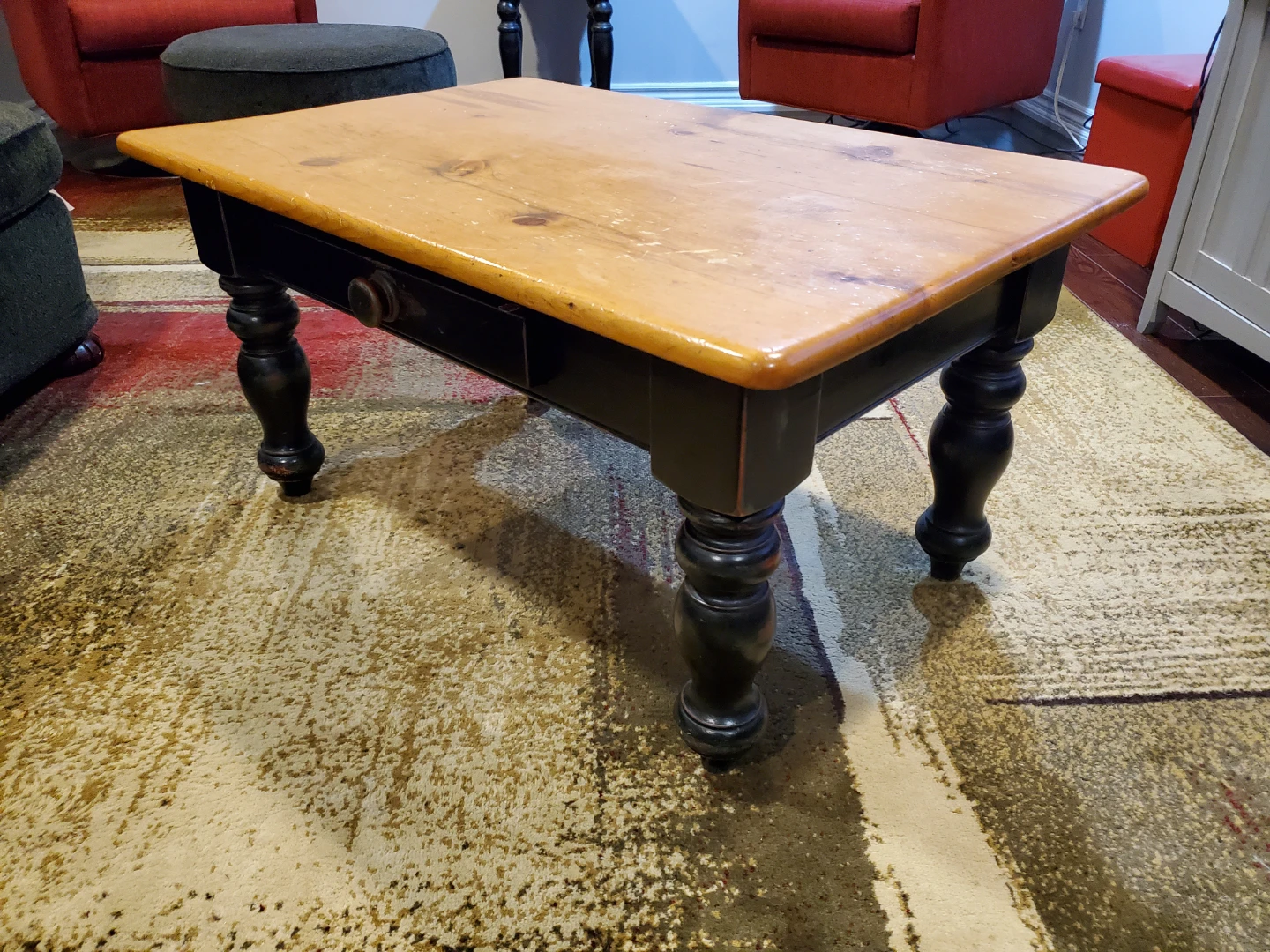 Vintage (rustic) pine Wooden Coffee Table with Drawer