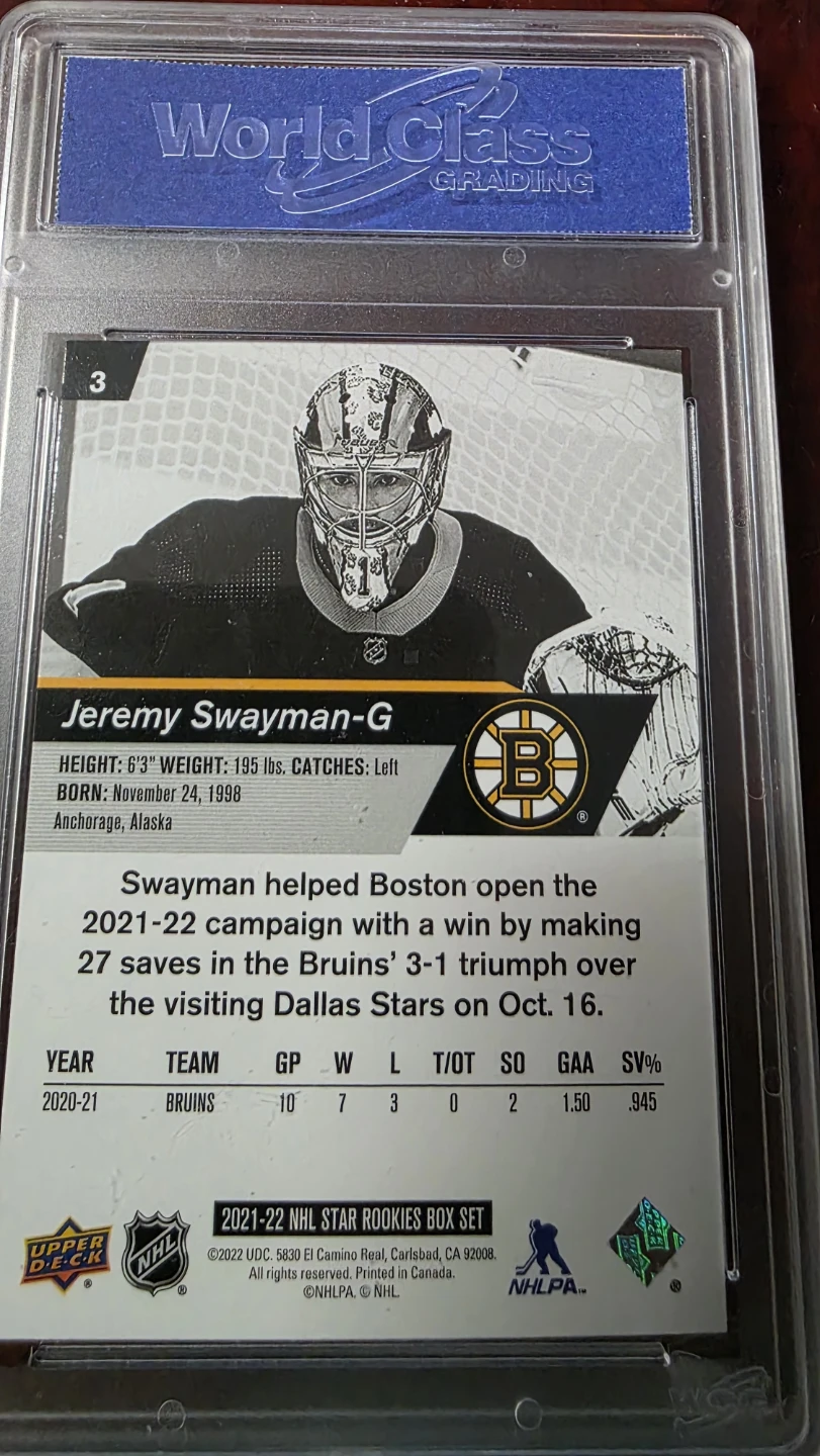 2021-22 Upper Deck WCG 10 Jeremy Swayman NHL Rookie Card - photo 3