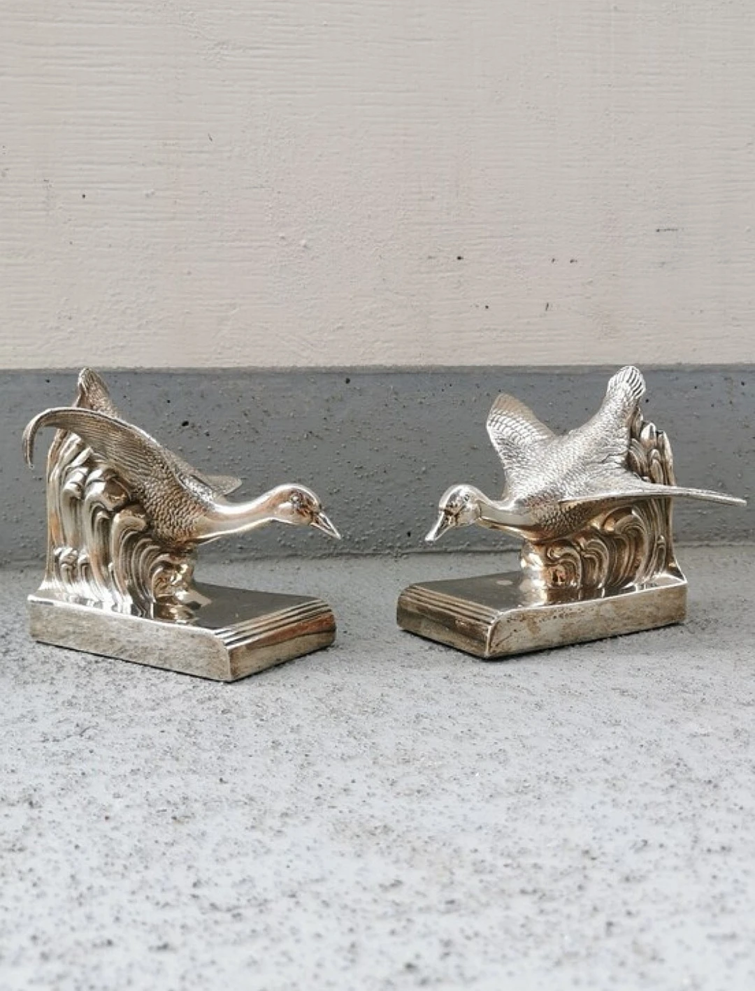 Vintage Silver Plated Goose Bookends Art Deco Shelf Decor Pair