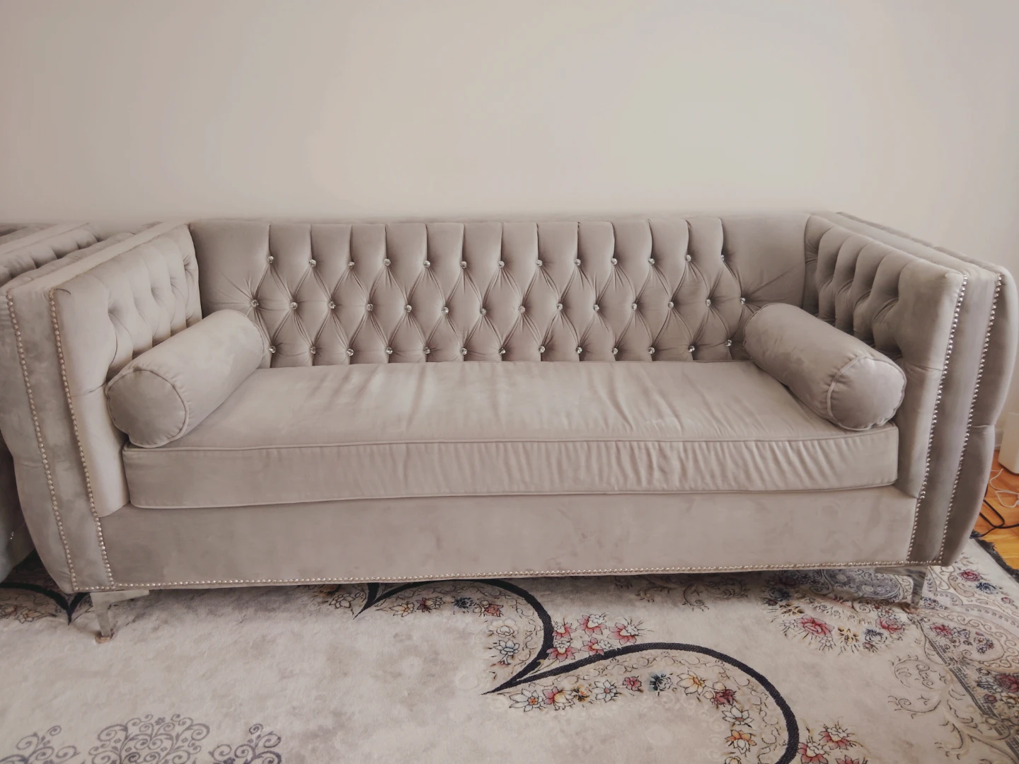 Grey Velvet Tufted Sofa