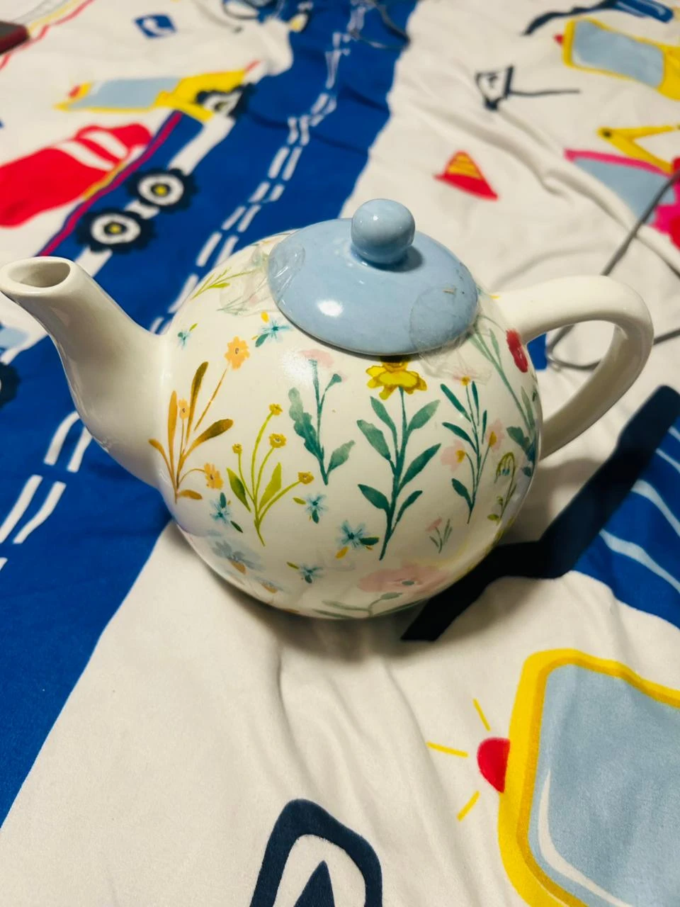 Floral Teapot with Blue Lid