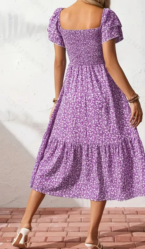 Purple Floral Print Smocked Midi Dress