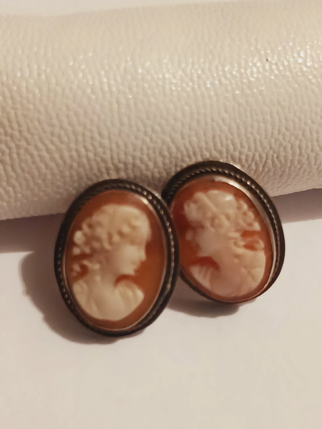 Antique Sterling Silver 925 Genuine Carved Cameo Stud Earrings