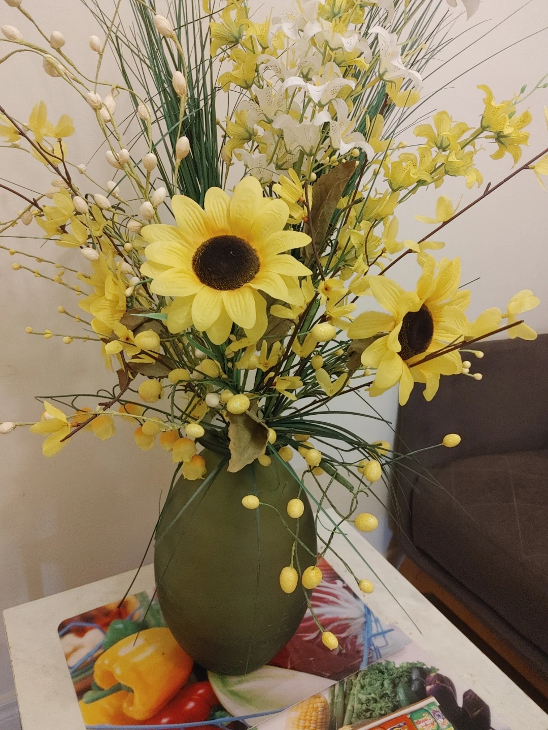 Artificial Sunflower and Lily with  Antique vase