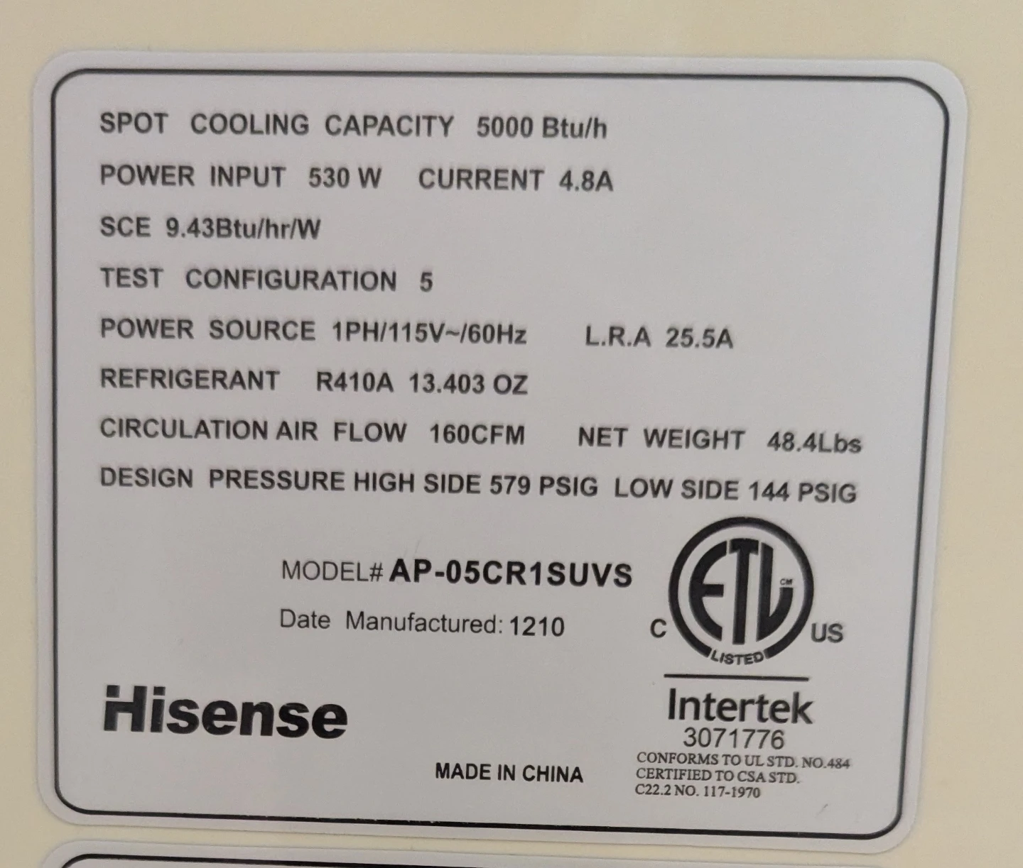 Hisense 5,000 BTU 3-in-1 Portable Air Conditioner AC - photo 4