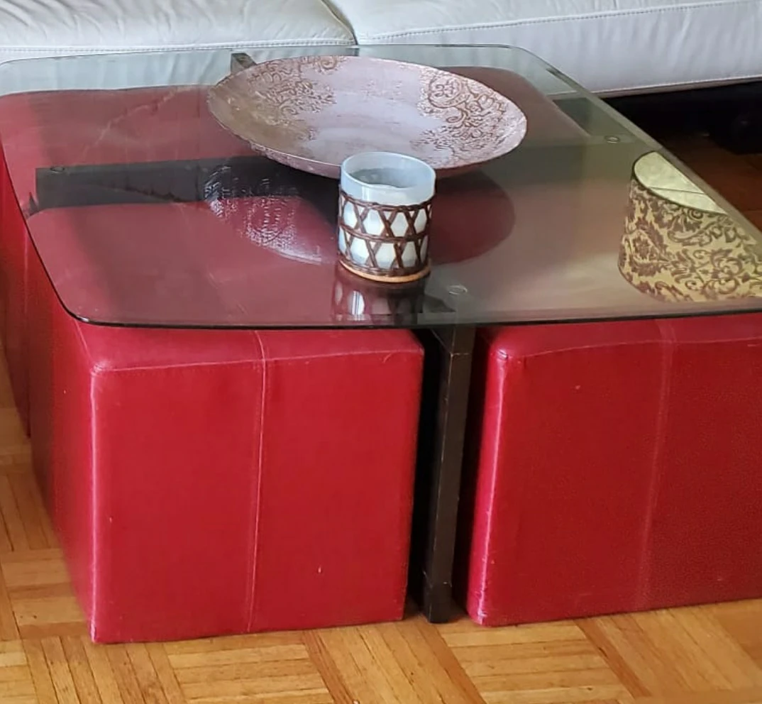 Red Leather Ottoman Coffee Table with Glass Top