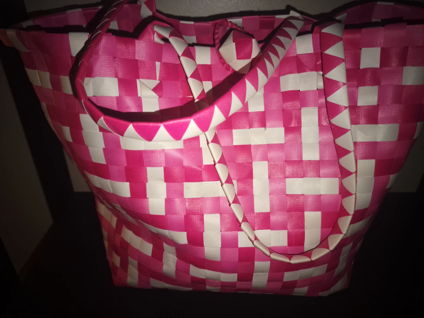 Pink and White Woven Tote Bag