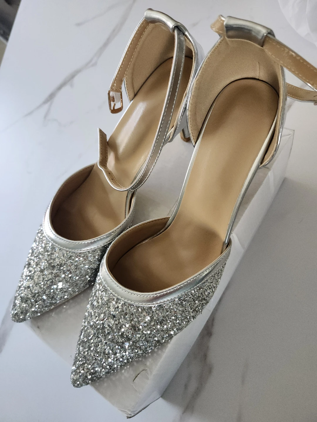 New Silver Glitter Heels with Ankle Strap