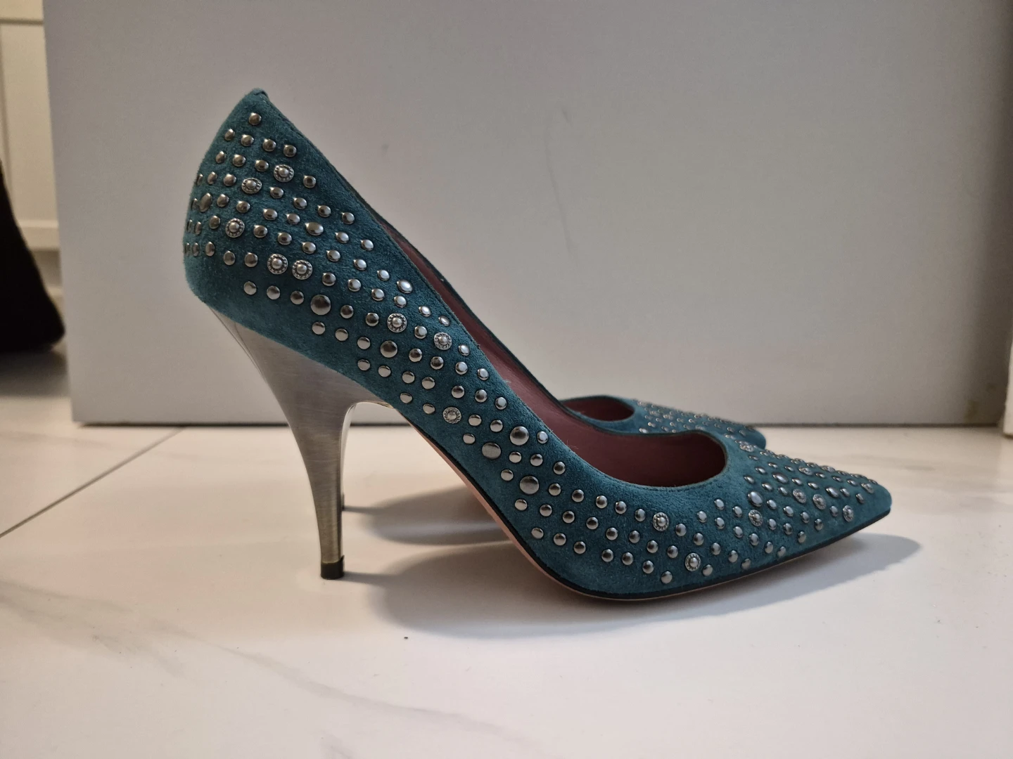 NEW Luxury Rebel Teal Suede Studded Heels - photo 3