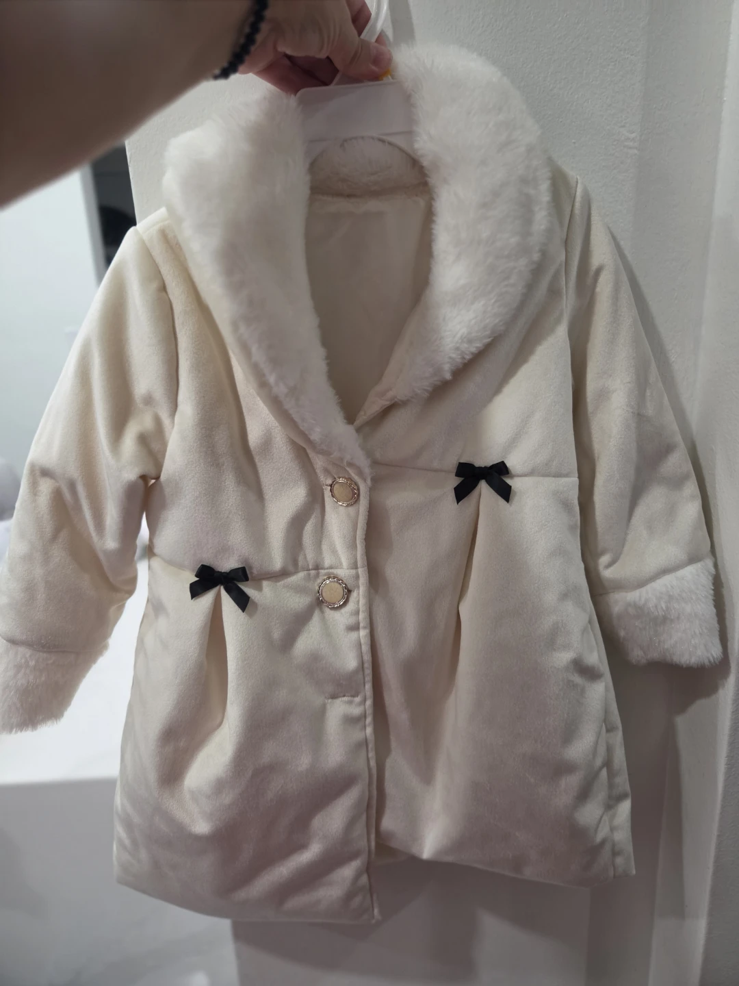 Cream Baby Coat with Faux Fur Collar and Bows