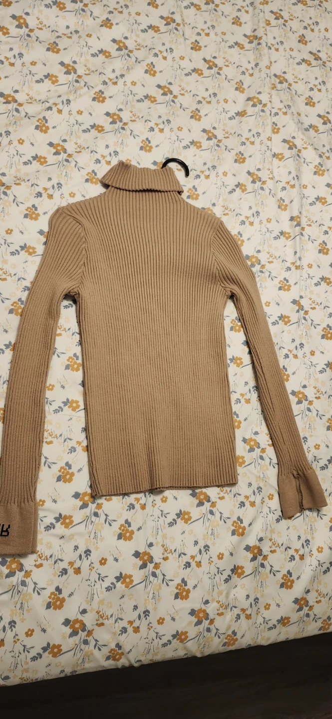 Tan Ribbed Turtleneck with Bell Sleeves