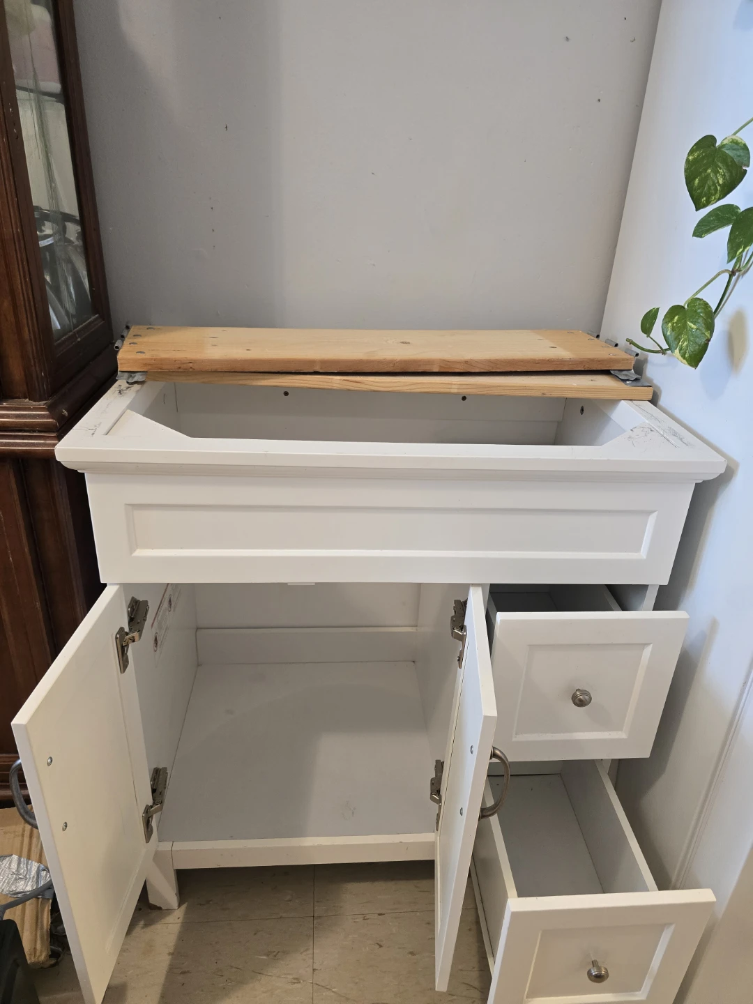 White Vanity Cabinet with Wooden Top
