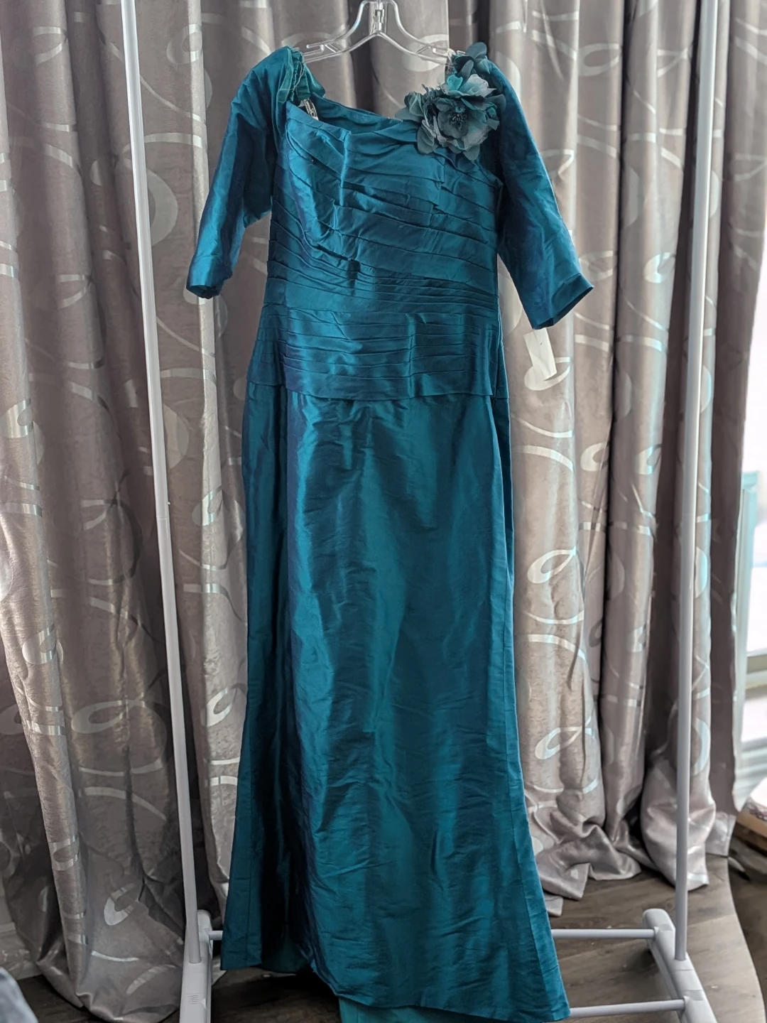 Teal Ruched Evening Gown with Flower Accent