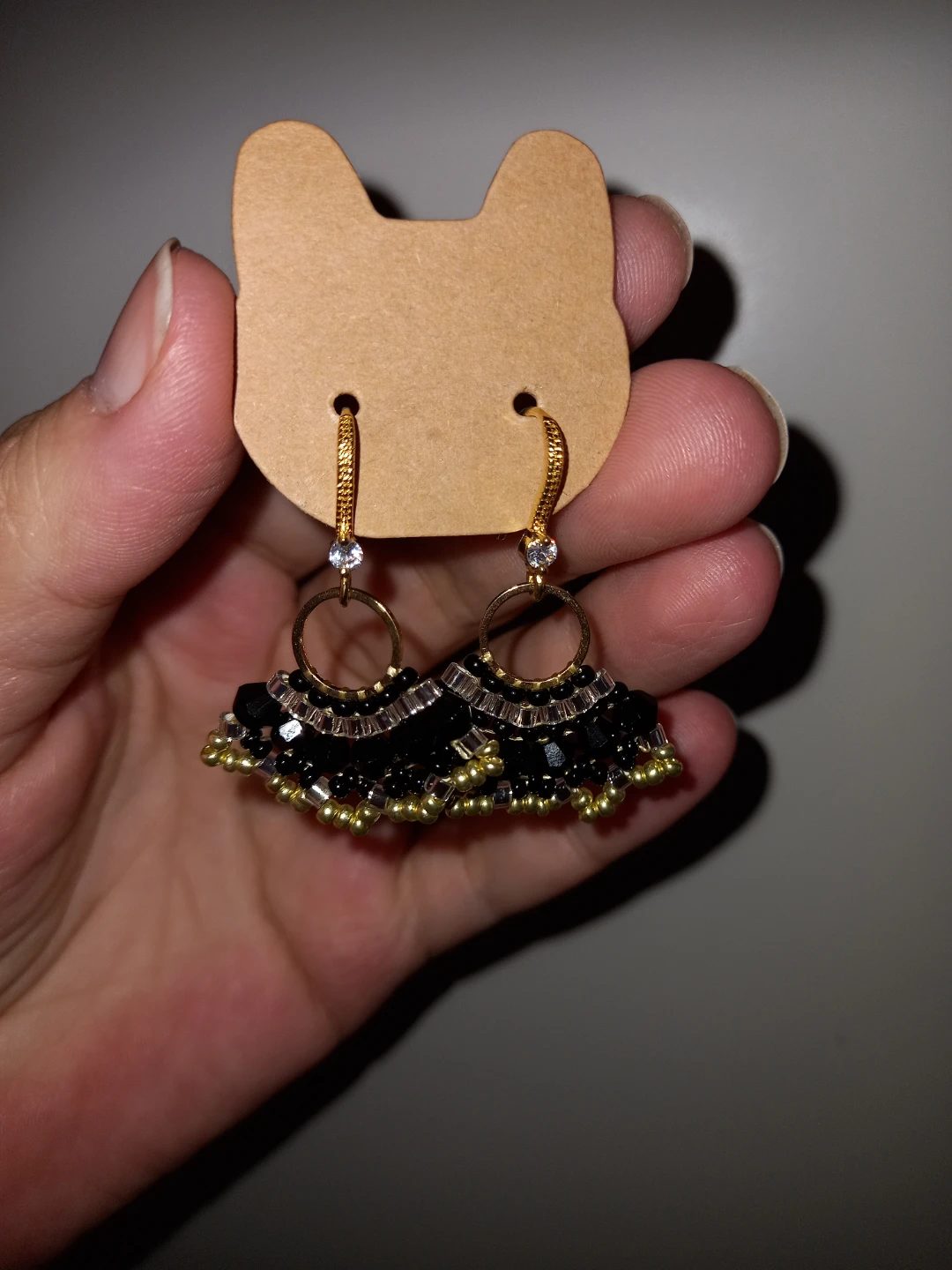 Handmade Black and Gold Beaded Fan Earrings