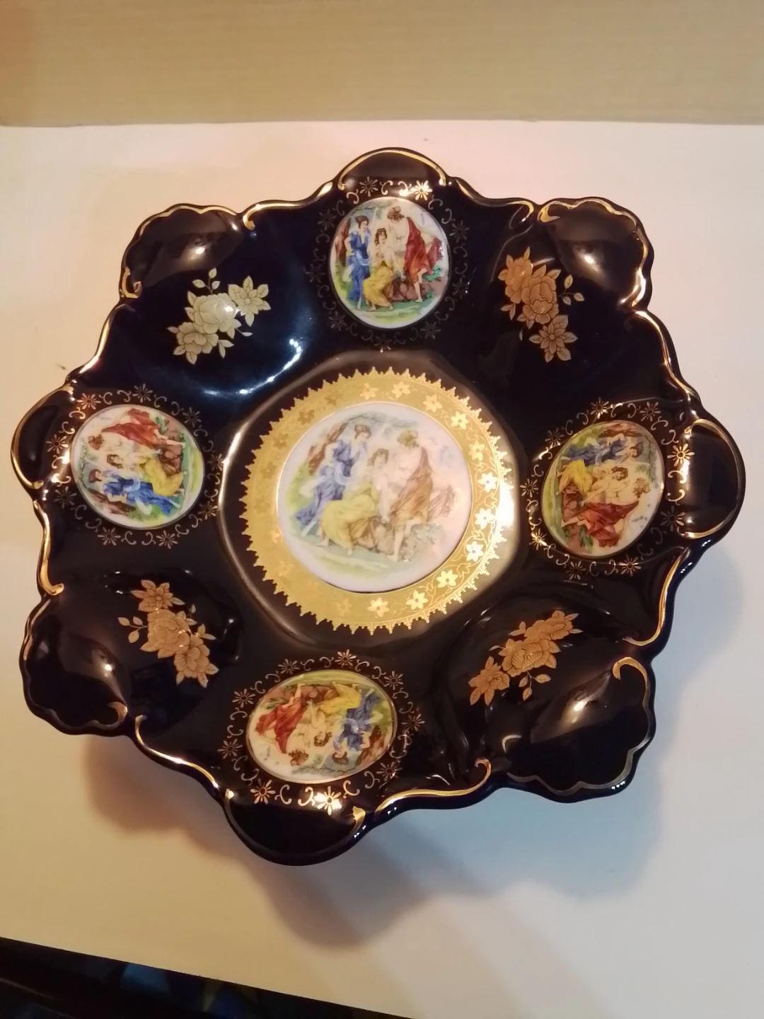 Vintage Czech Cobalt Blue & 24k Gold Centerpiece Bowl