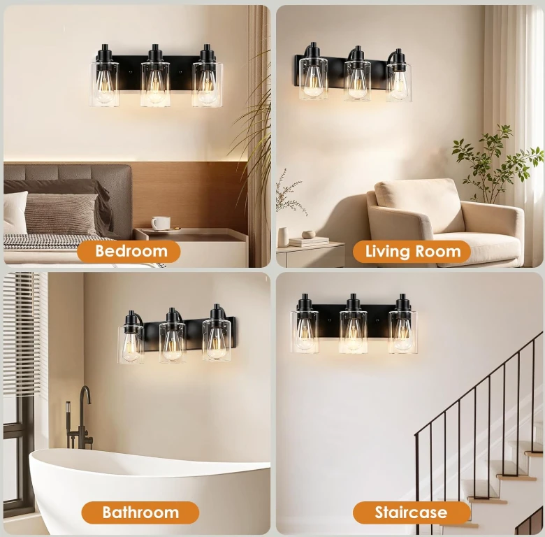 Black 3-Light Vanity Light Fixture with Clear Glass Shades - photo 5