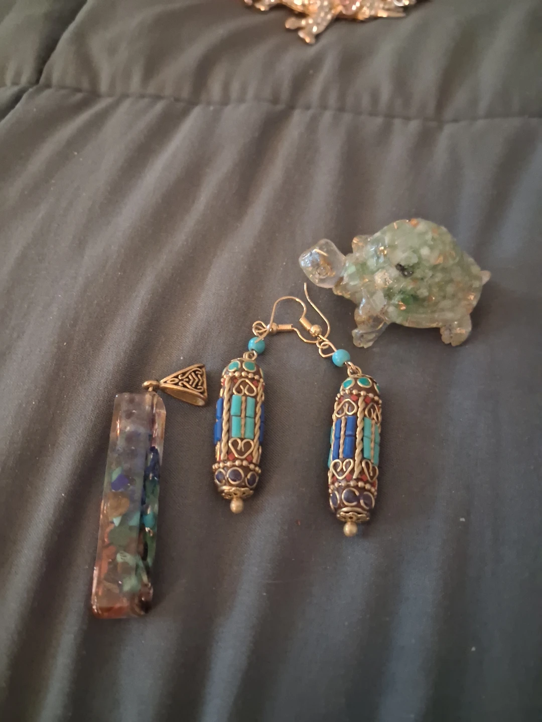 Handmade Resin Pendant and Earrings Set with Turtle Figurine