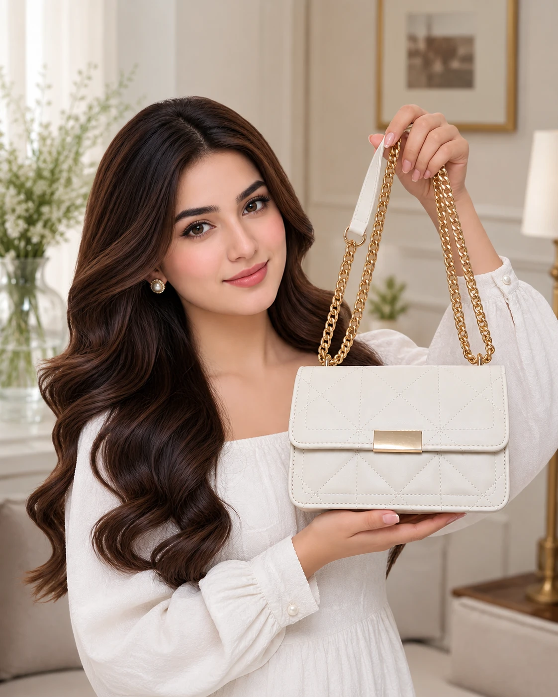 White Quilted Shoulder Bag with Gold Chain - photo 2