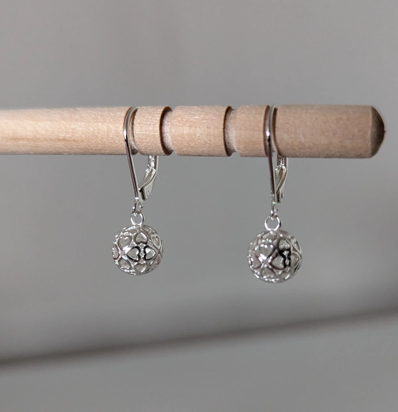 Solid 925 Sterling Silver Filigree Heart Ball Drop Earrings