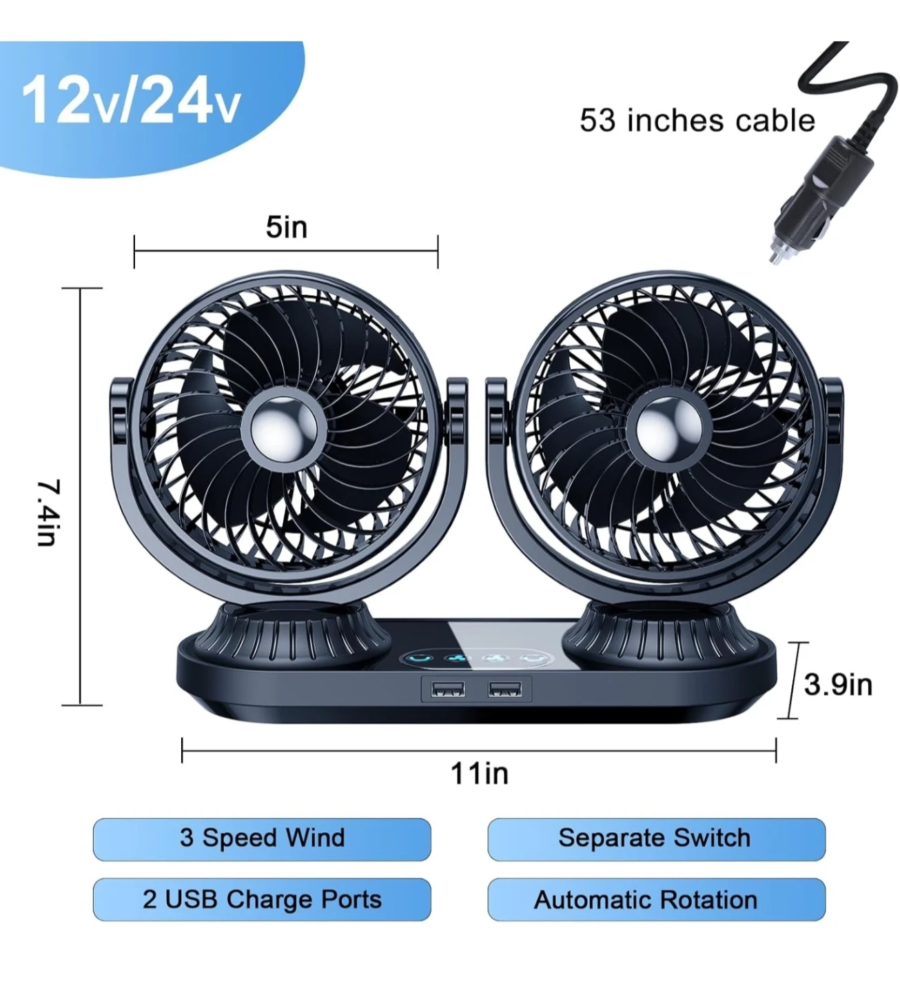 Dual Head Car Fan with 2 USB Ports - photo 3