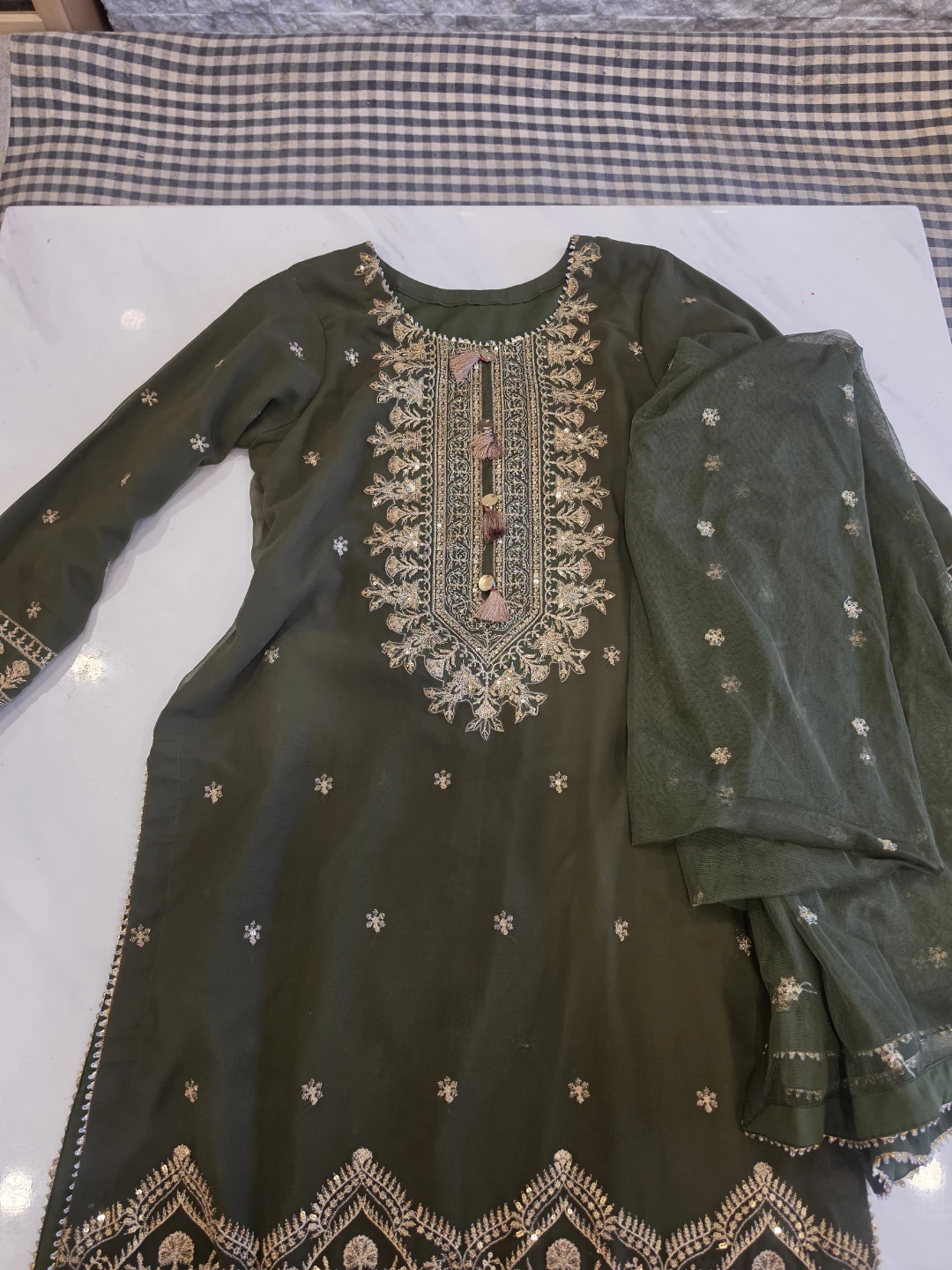Olive Green Embroidered 3-Piece Salwar Kameez Suit