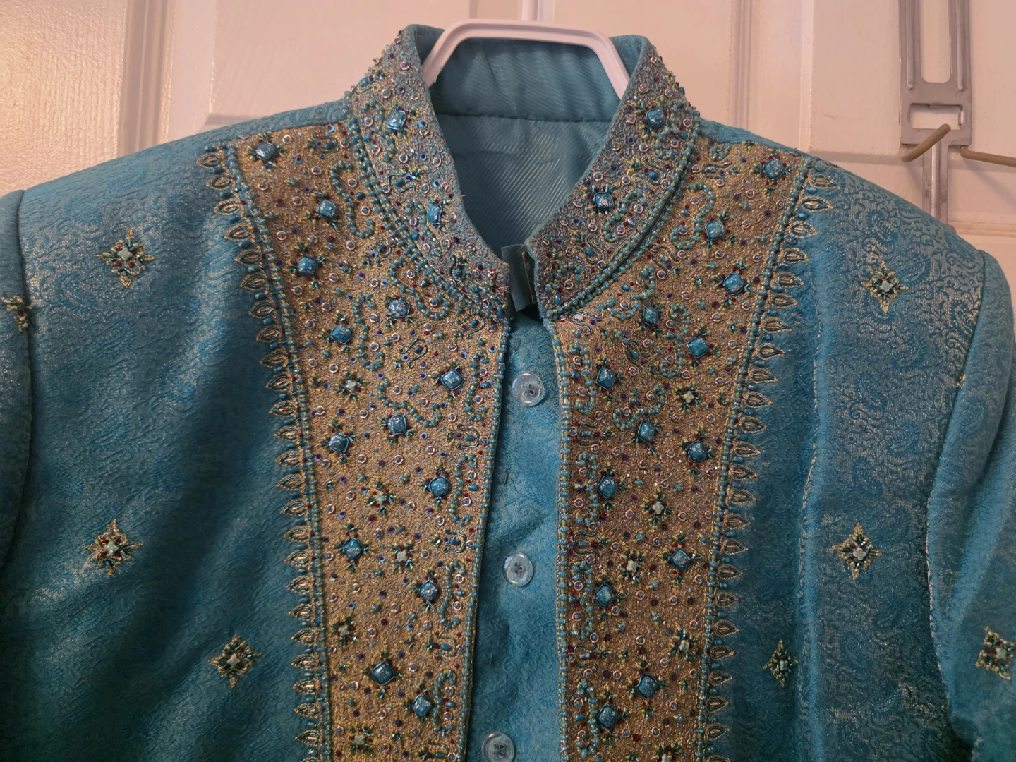 Ceremony Men's Ethnic Wear Turquoise Beaded Kurta - photo 3