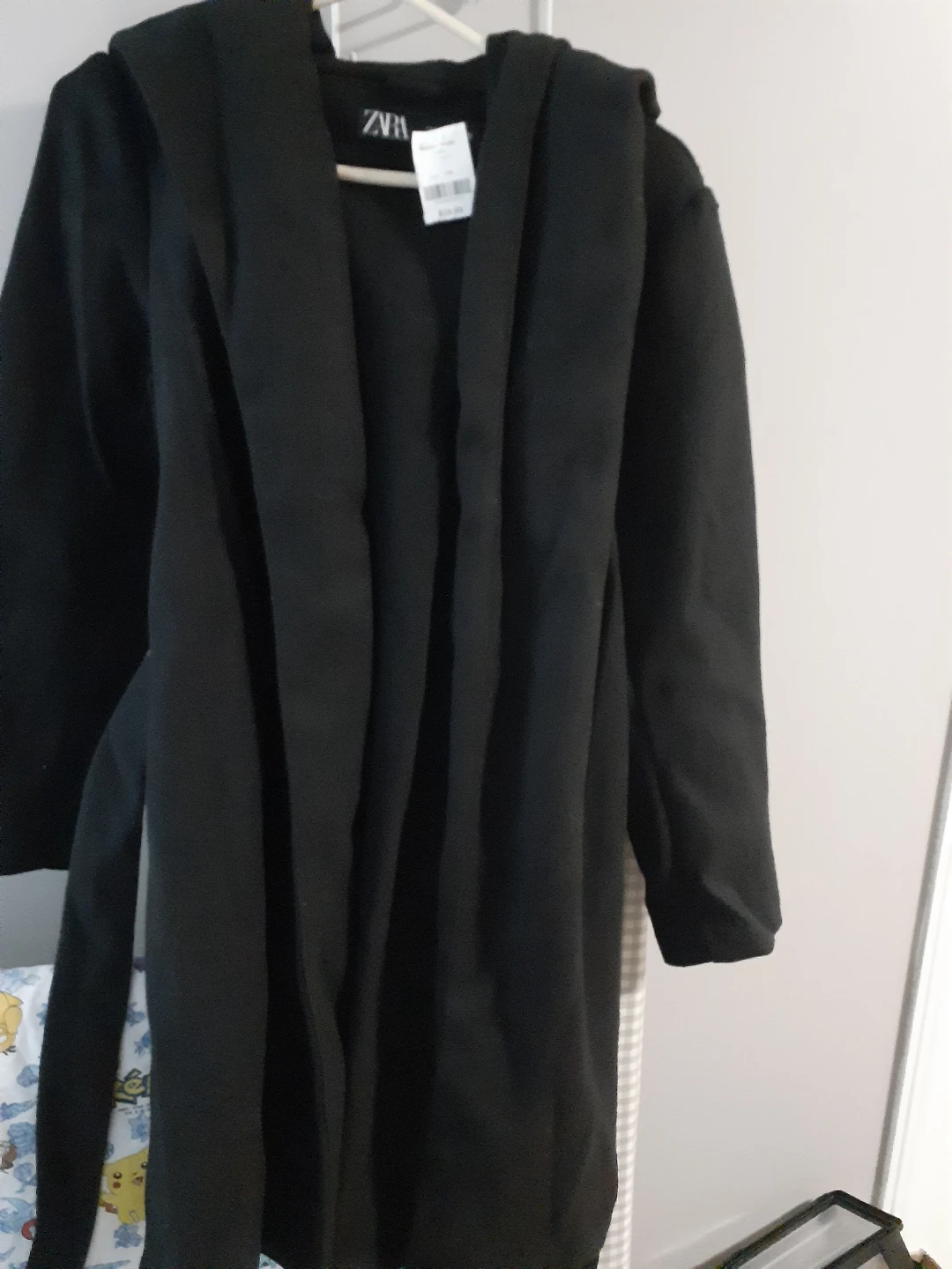 Zara Black Hooded Open Front Cardigan Coat Size S