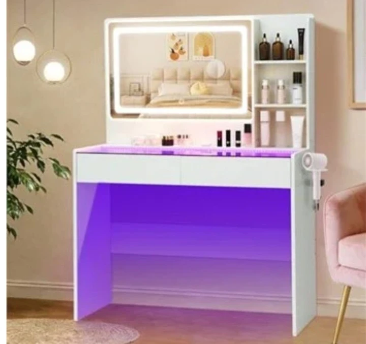 Makeup Vanity with Lighted Mirror and RGB Strip