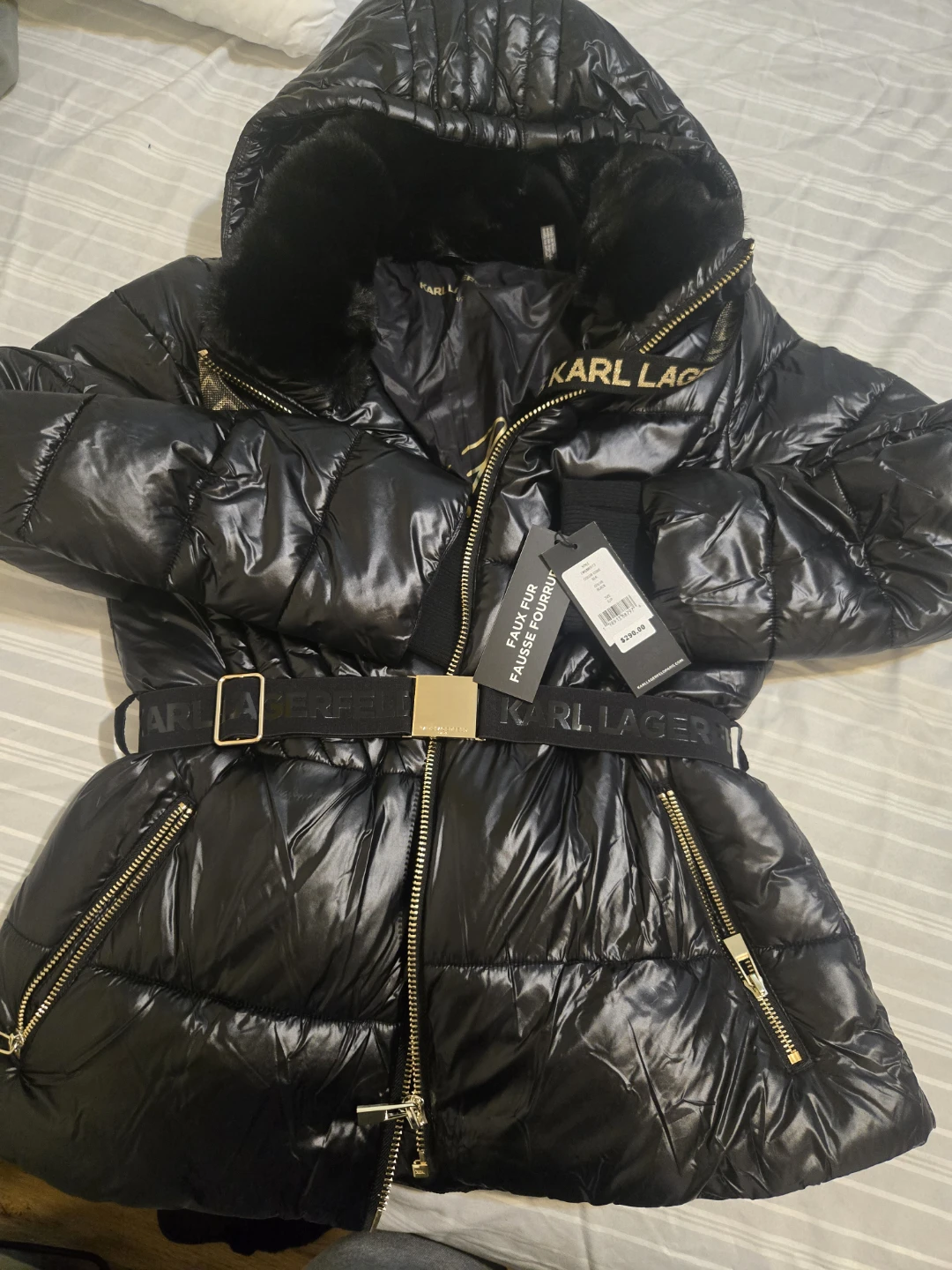 Karl Lagerfeld Black Puffer Coat with Faux Fur Hood - photo 2