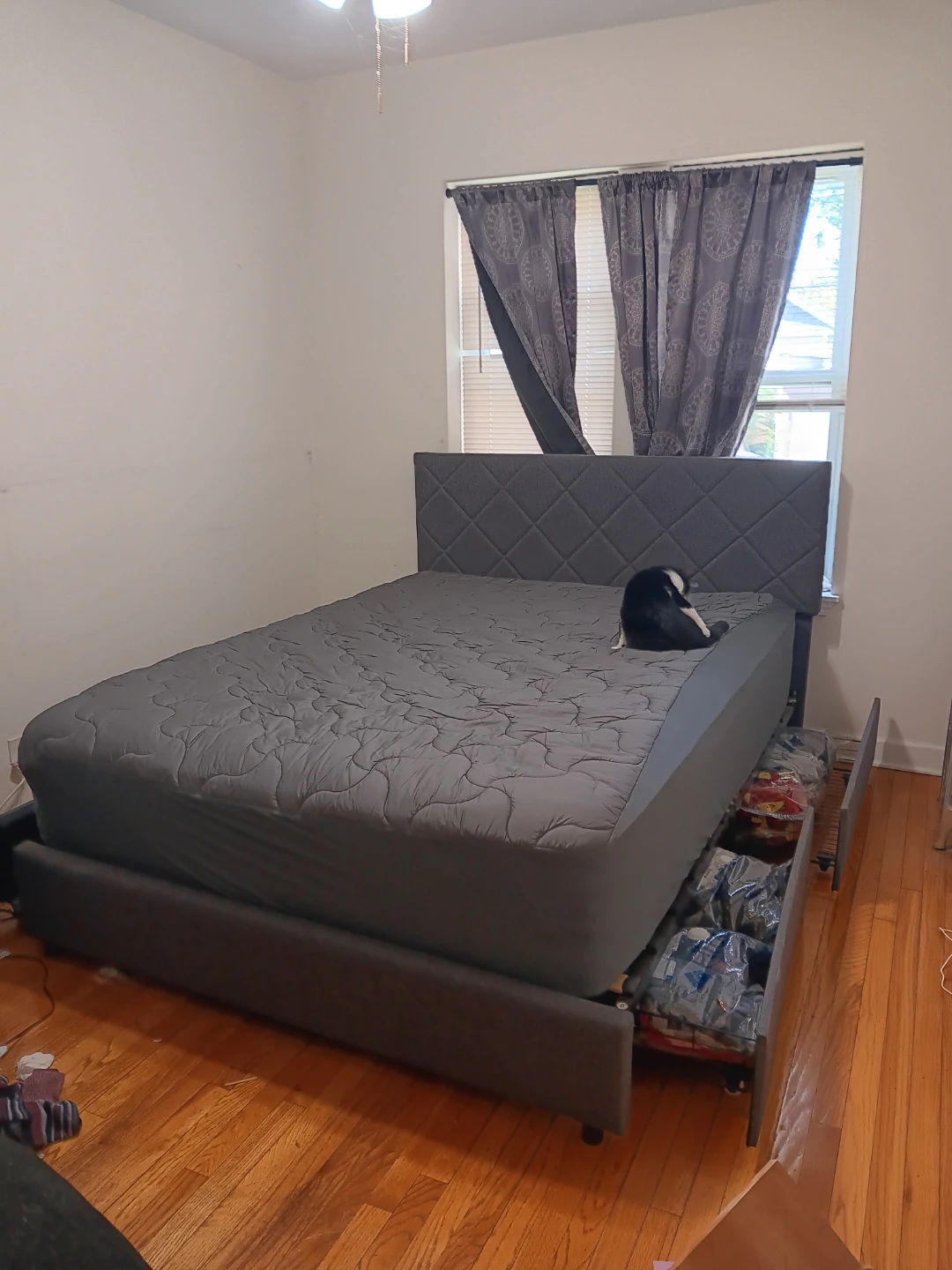 Queen bed bed frame with 4 drawers 2 years old grey