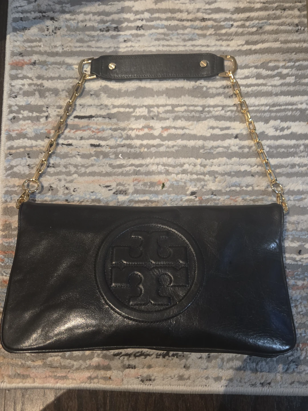 Tory Burch Black Leather Clutch with Gold Chain