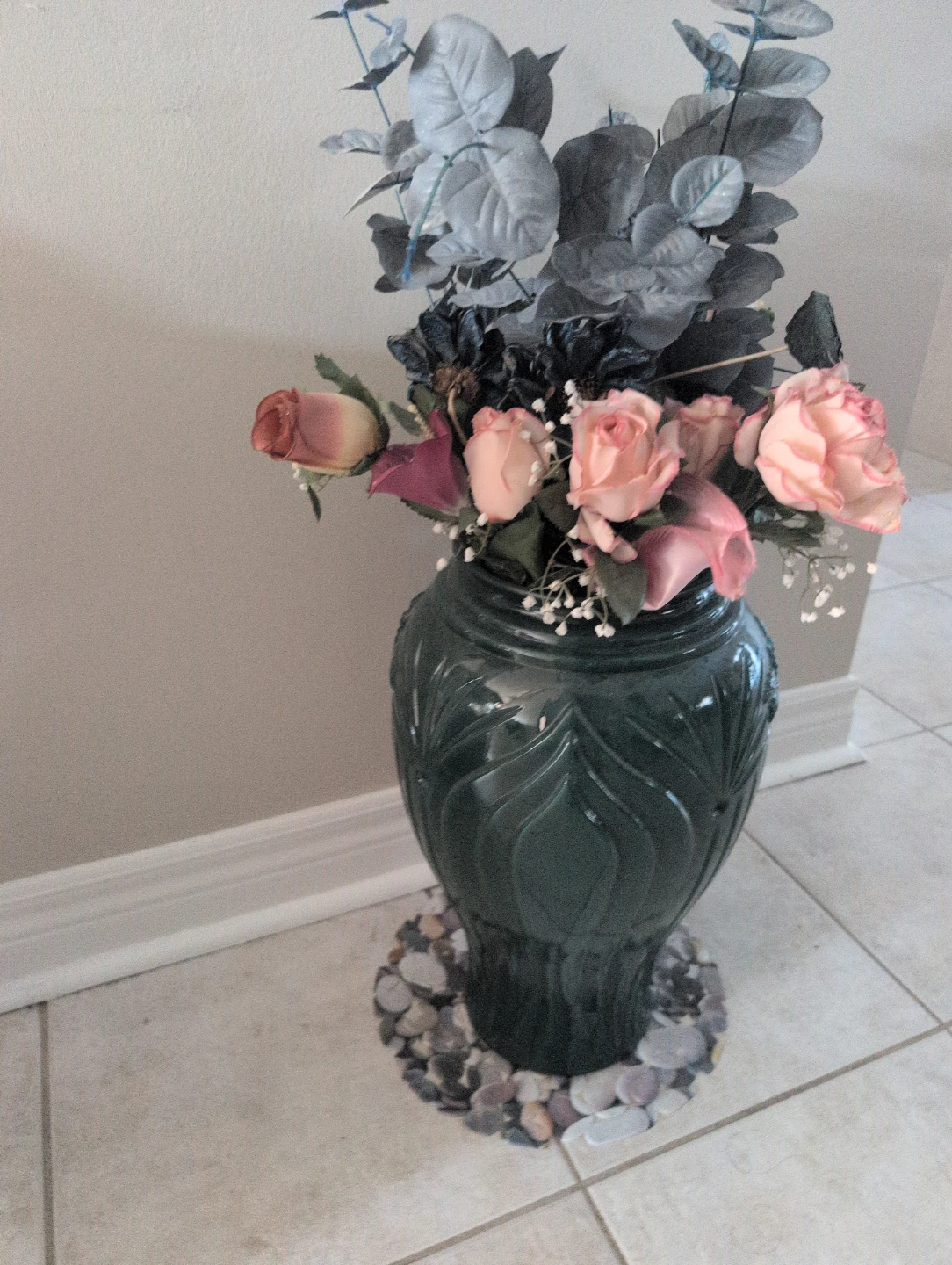 Dark Green Ceramic Vase with Faux Flowers - photo 2