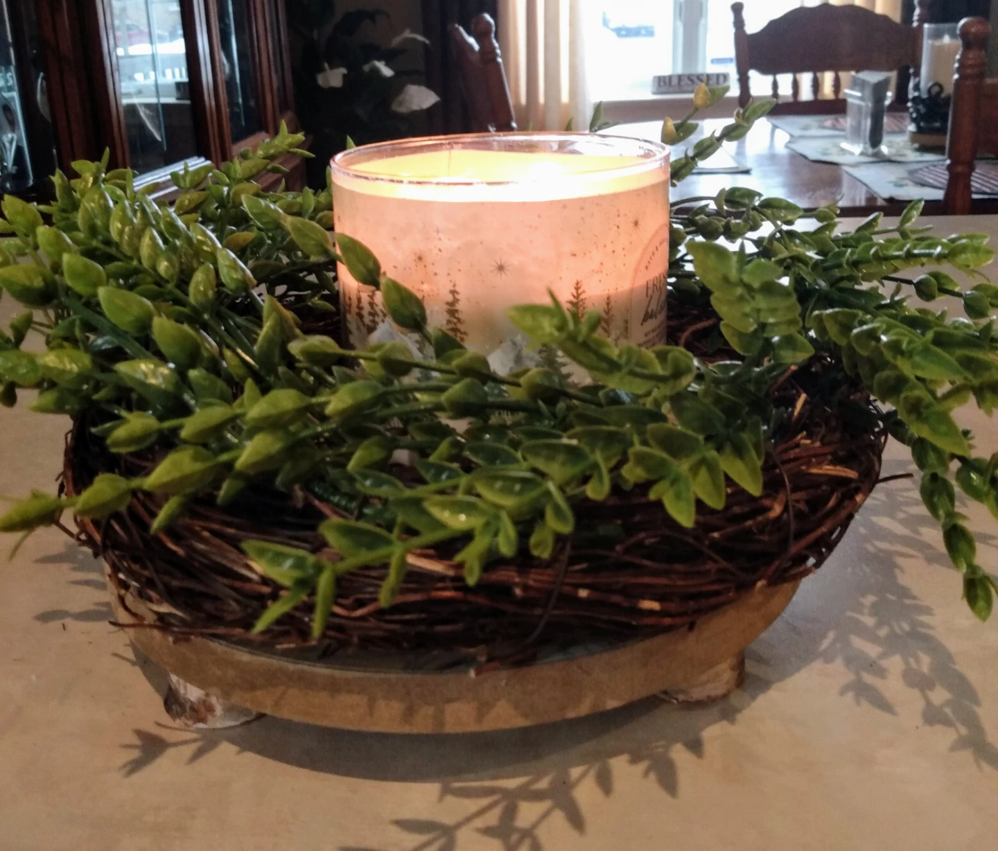 3pcs birch Wreath on wooden stand with candle