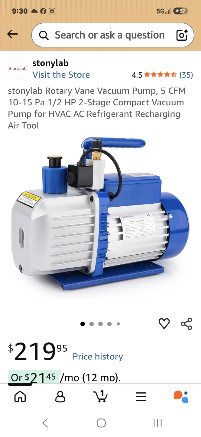 StonyLab 2 Stage Vacuum Pump, 5 CFM, 1/2 HP