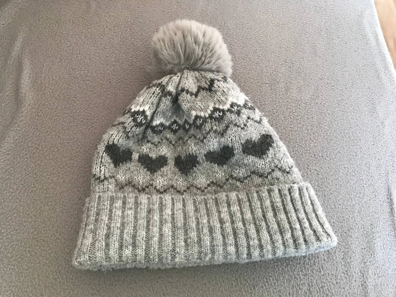 Grey Beanie with Hearts and Pom Pom