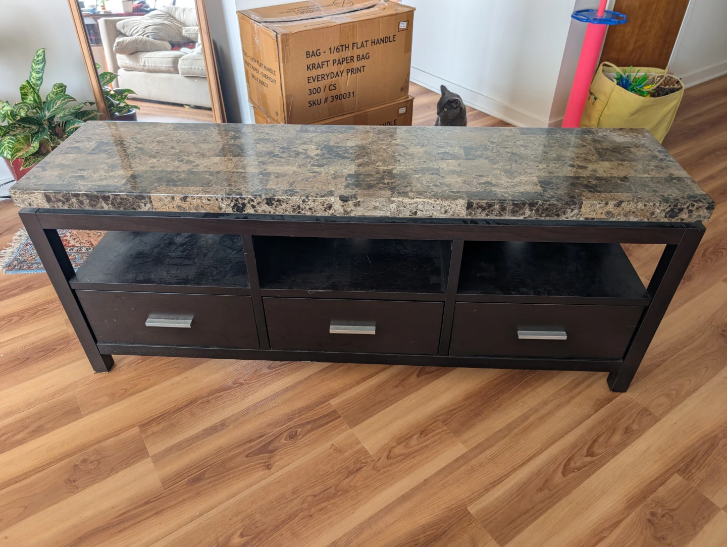 Dark Wood Coffee Table with Faux Marble Top