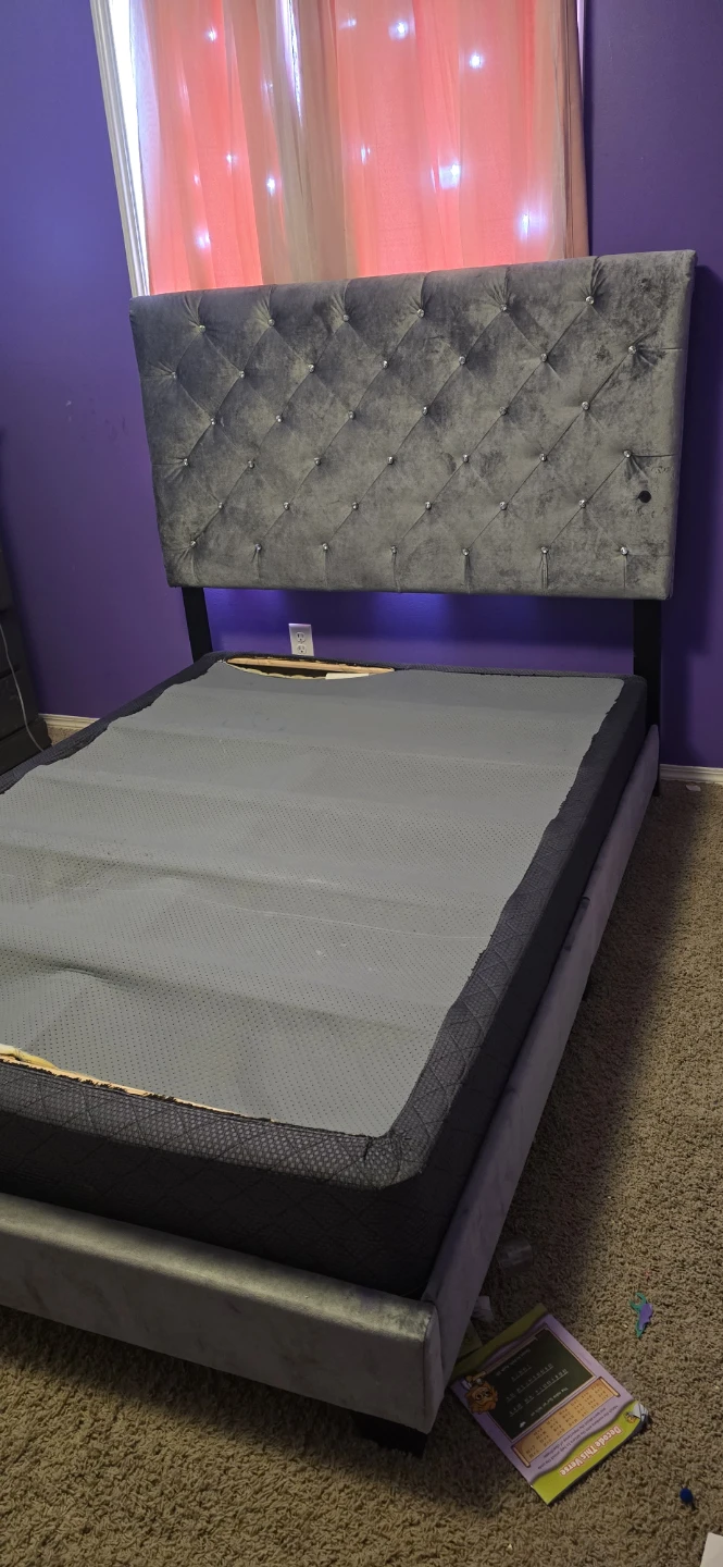 Grey Tufted Headboard with Crystal Accents