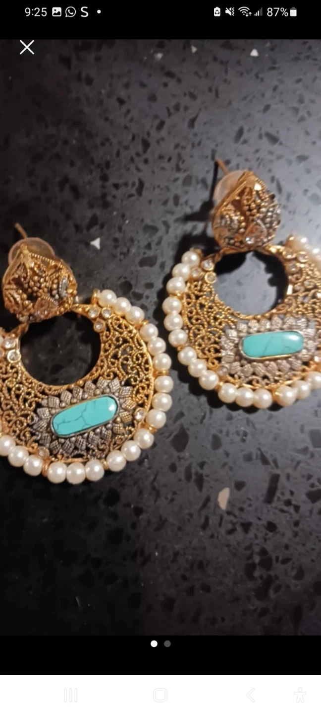 Gold Tone Hoop Earrings with Pearls and Turquoise Stones