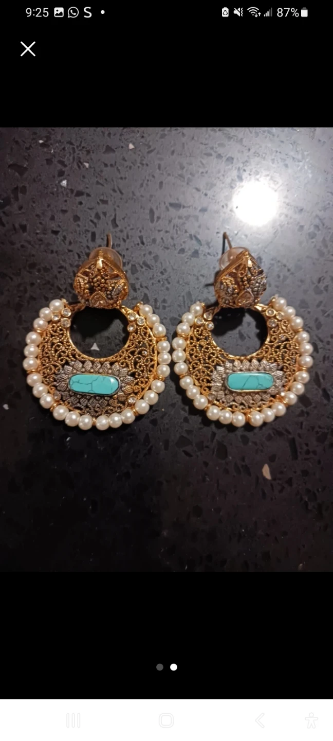 Gold Tone Hoop Earrings with Pearls and Turquoise Stones - photo 2